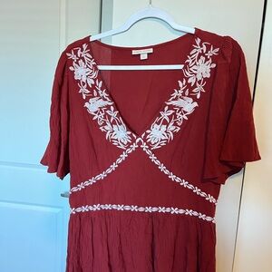 Knox Rose Red Blouse with White Embroidery